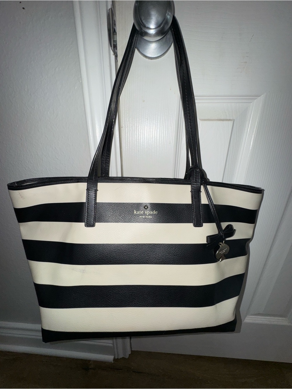 kate spade Black and Cream Striped Leather Tote